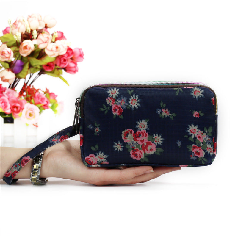 Floral Printed Fabric Wristlet Wallet for Women - Double Zipper Clutch with Wrist Strap