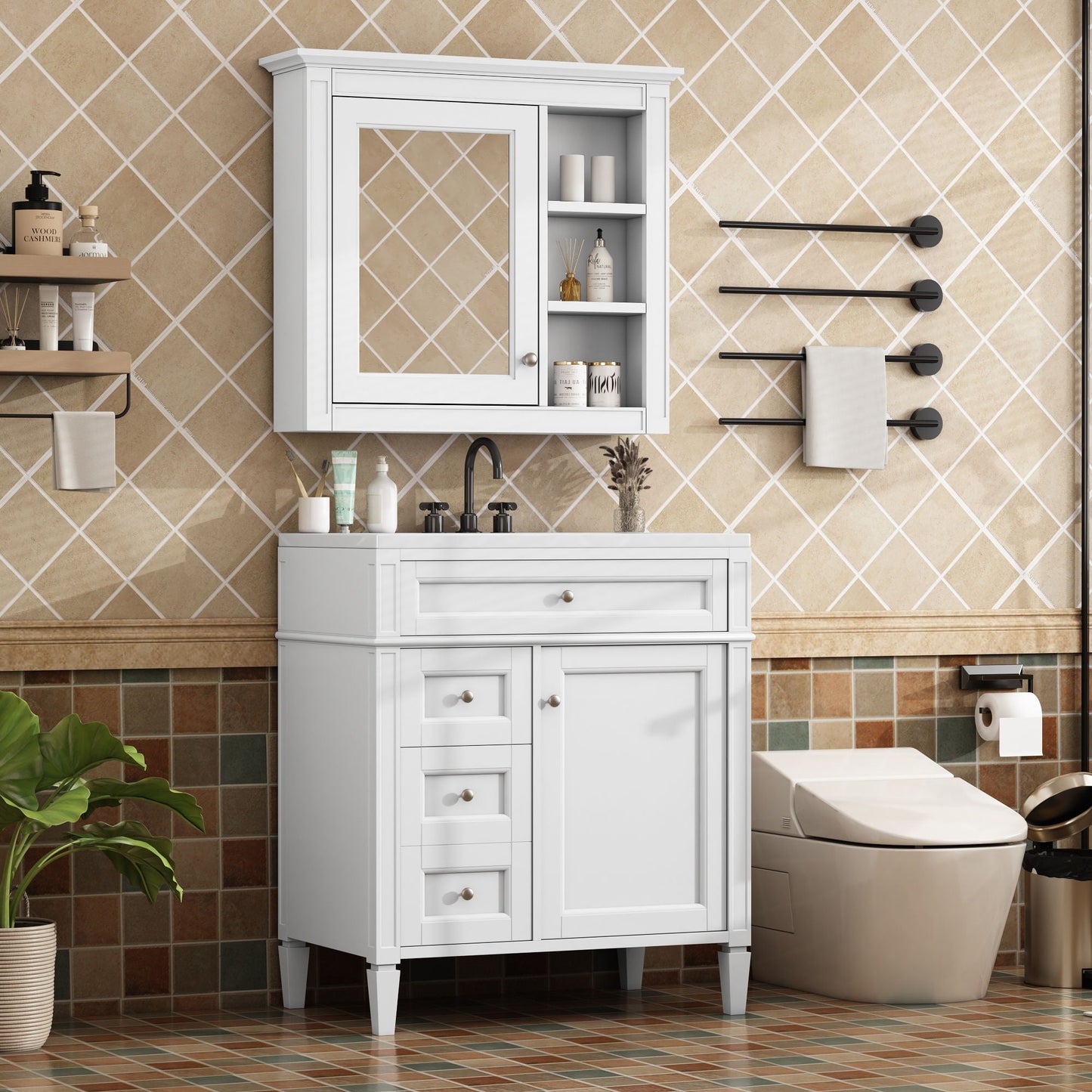 Bathroom Vanity With Medicine Cabinet, Royal Mirror Cabinet, Modern Bathroom Storage Cabinet With 2 Soft Closing Doors And 4 Drawers