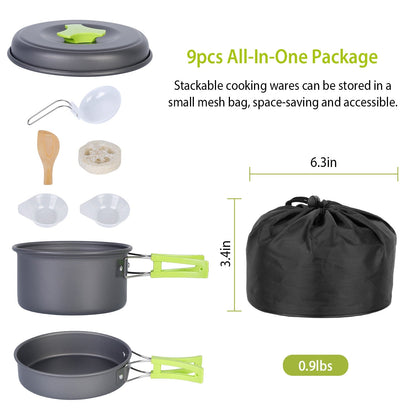 9Pcs Camping Cooking Ware Set Camping Stove Cookware Kit Aluminum Pot Pans Set for Hiking Picnic Outdoor