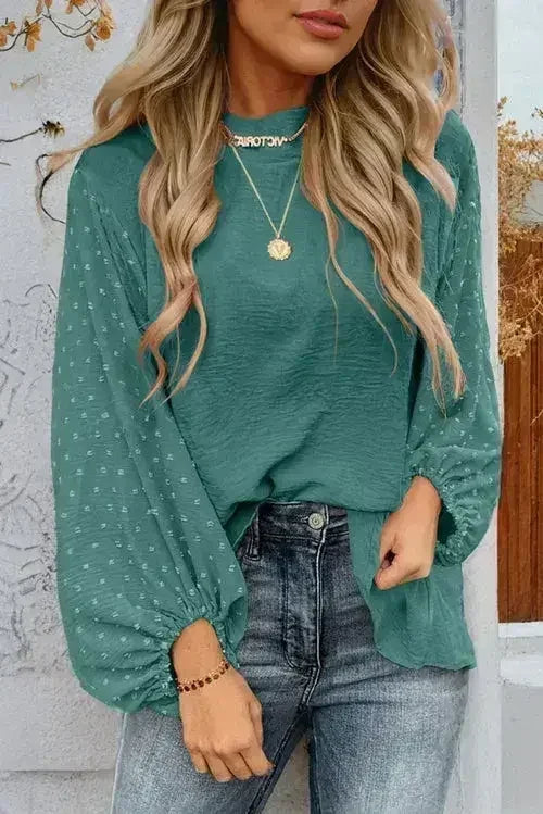 Gossamer Pink Swiss Dot Balloon Sleeve Loose Blouse | Femstylo