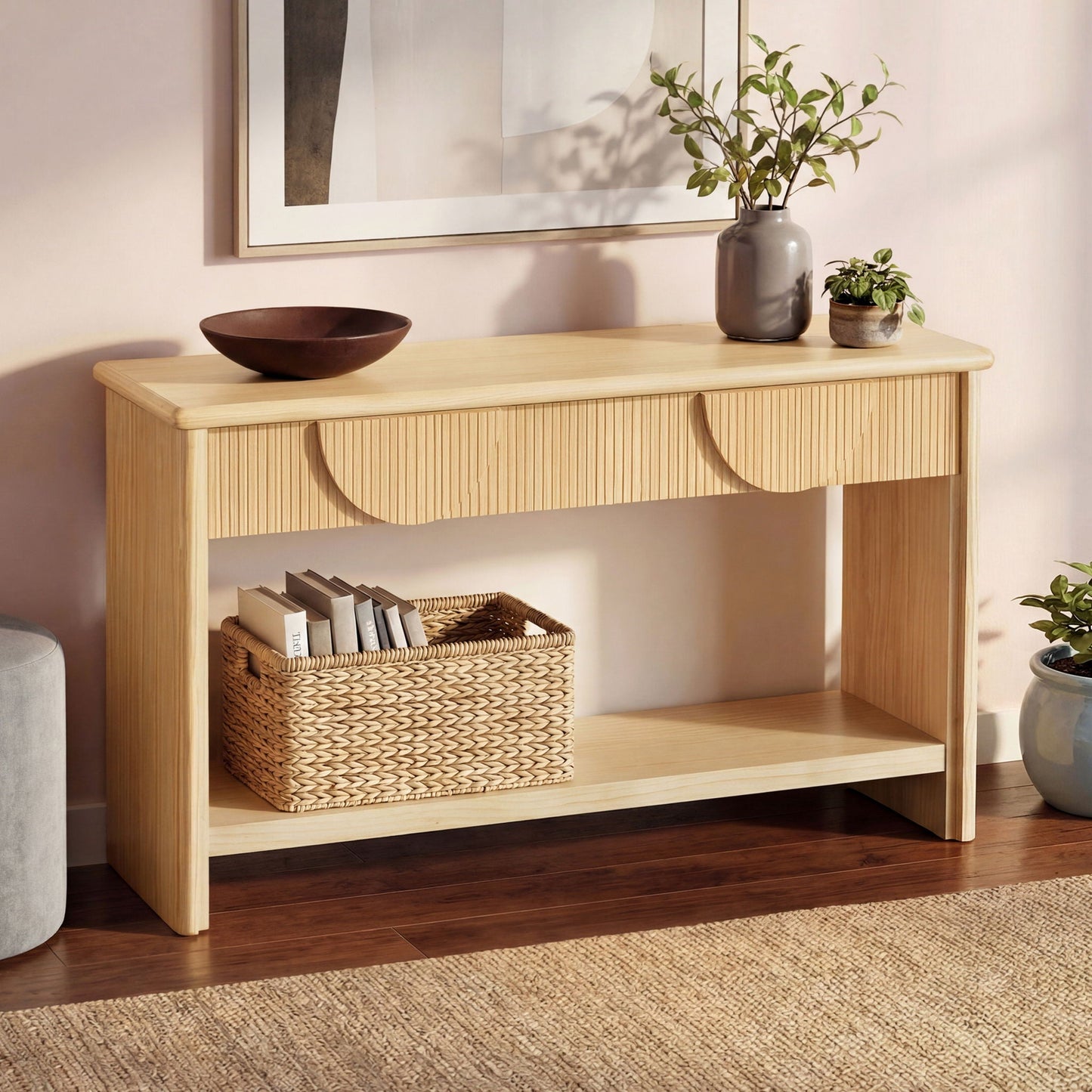 Fluted Console Table With Semi Circular Drawers - Natural