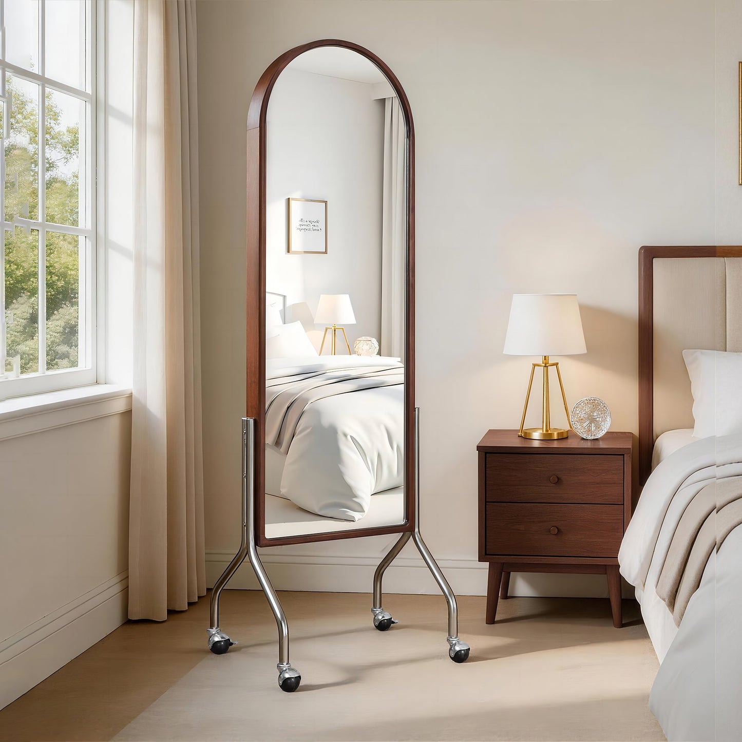 Arched Full Length Mirror with Storage Shelves & Wheels
