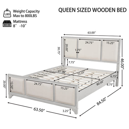 Queen Size Wooden Bed Frame with Upholstered Headboard