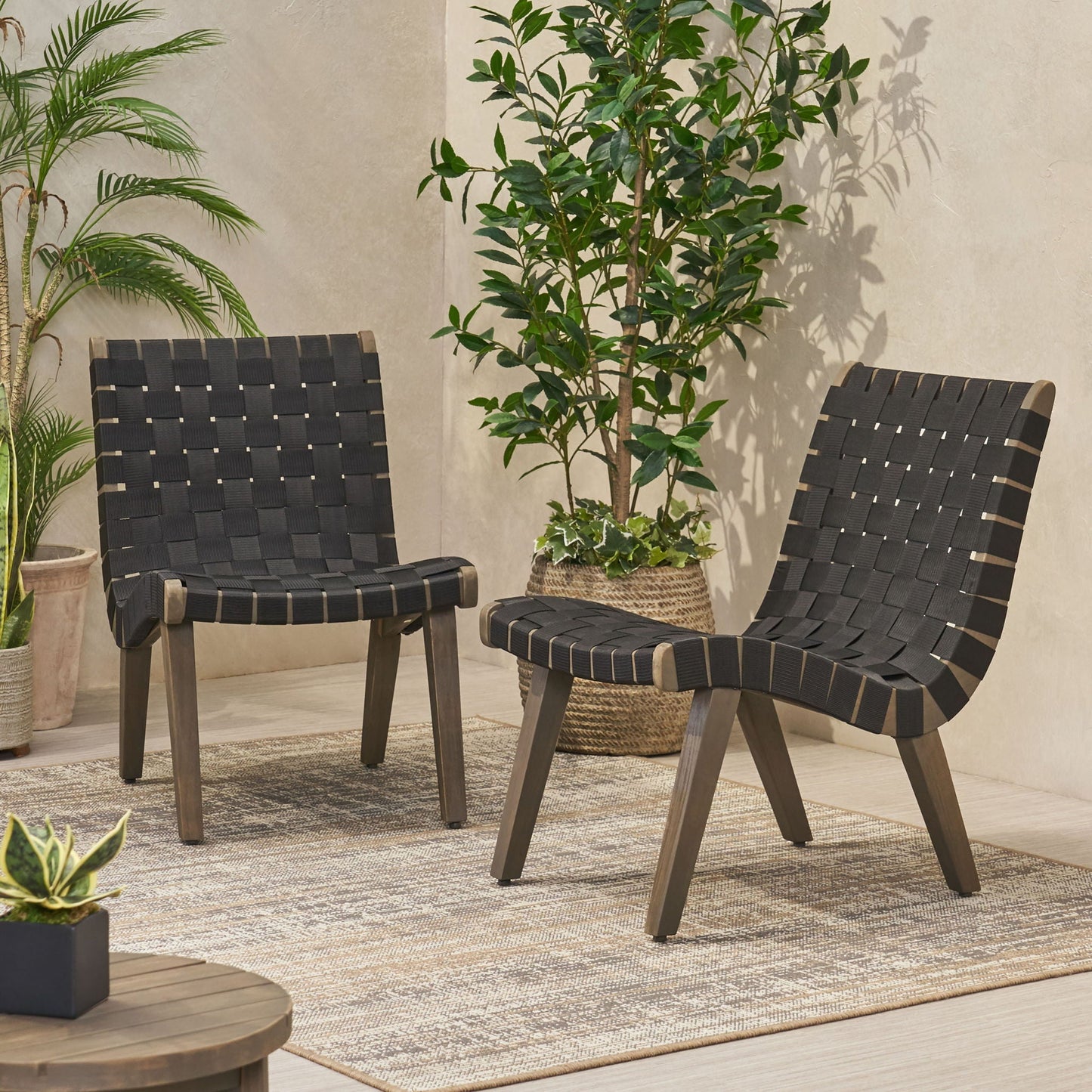Lounge Chair With Stunning Rope Weave Design, Set of 2 - Black