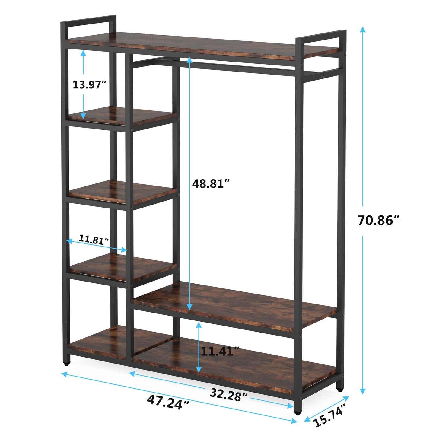 Free Standing Closet Organizer With 6 Shelves And Hanging Bar - Brown / Black