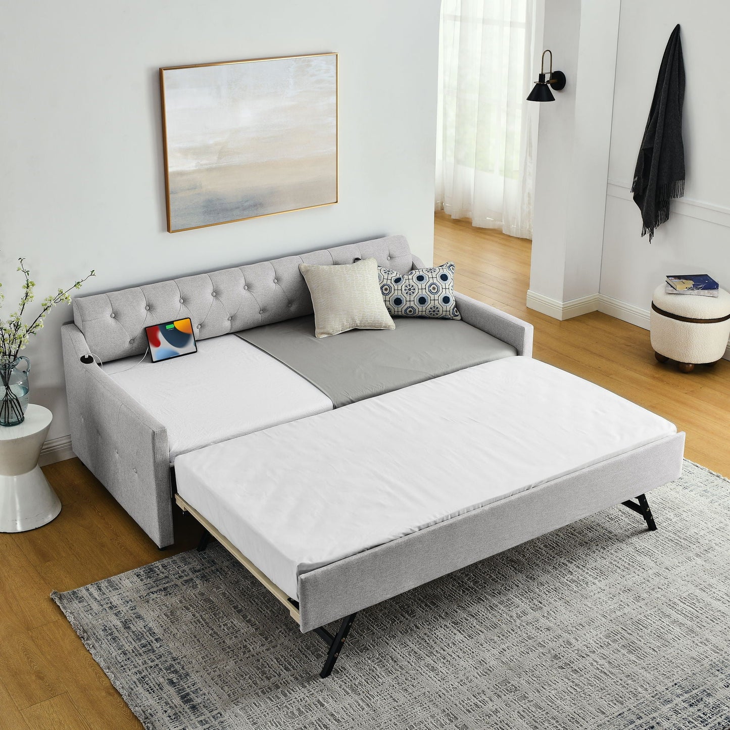 Size Upholstered Daybed With Trundle And USB Charging Armrest