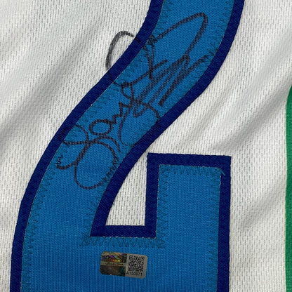 Framed Autographed/Signed Larry Johnson 35x39 Charlotte White Basketball Jersey Steiner COA