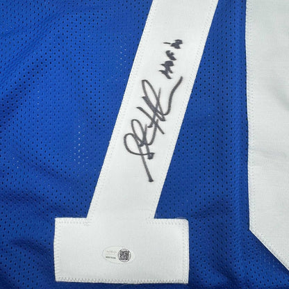 Framed Autographed/Signed Steve Hutchinson HOF 20 35x39 Seattle Blue Football Jersey JSA COA