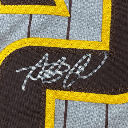 Framed Autographed/Signed Fernando Tatis Jr. 35x39 San Diego Grey Pinstripe Baseball Jersey JSA COA