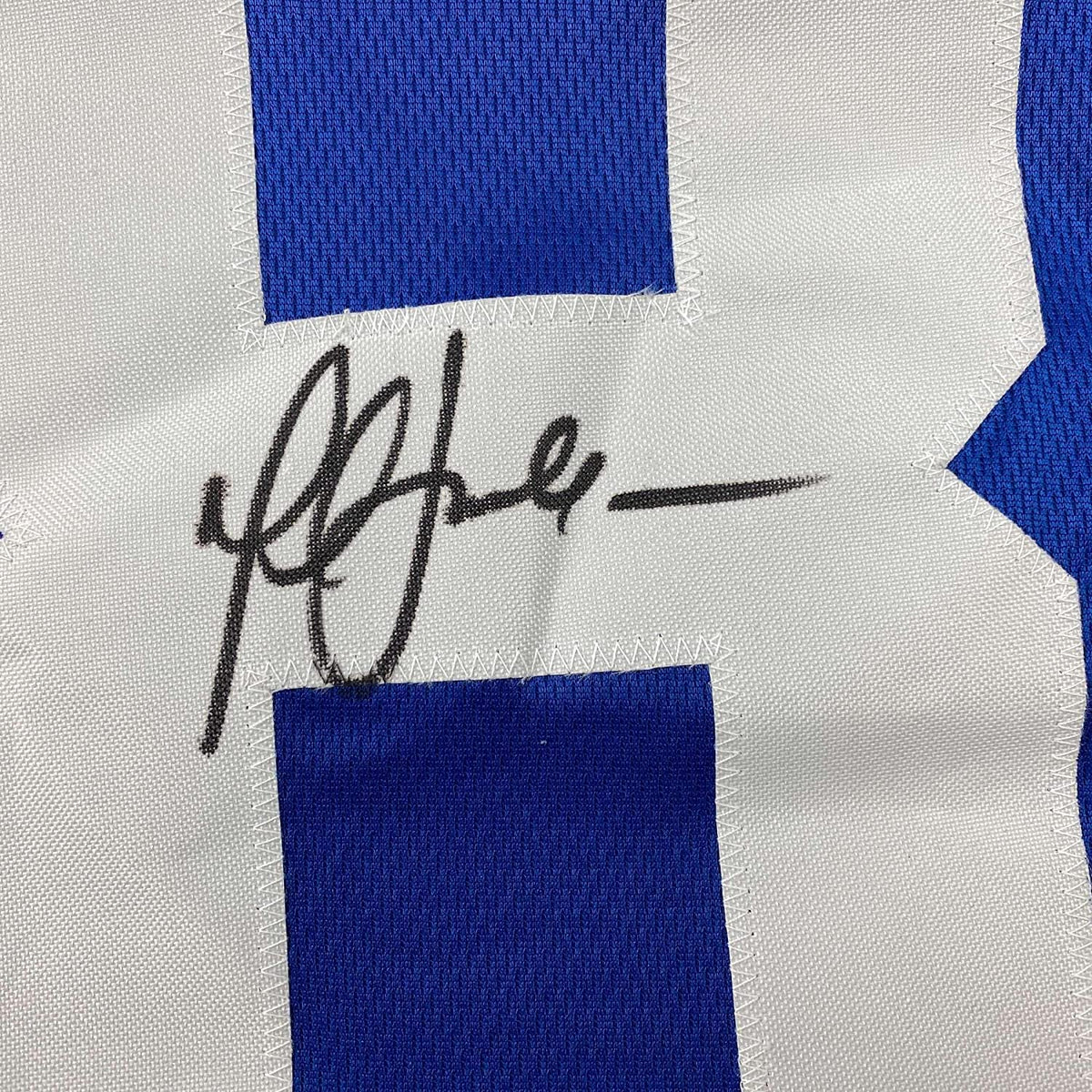 Framed Autographed/Signed Marshall Faulk 35x39 Indianapolis Blue Football Jersey JSA COA