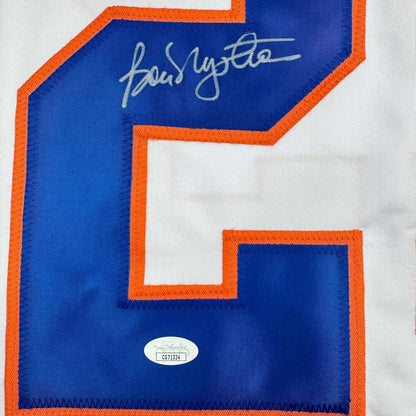 Framed Autographed/Signed Bob Nystrom 35x39 New York White Hockey Jersey JSA COA