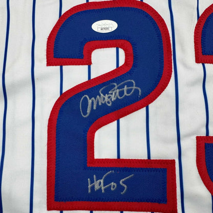 Framed Autographed/Signed Ryne Sandberg 35x39 HOF 05 Chicago White Pinstripe Baseball Jersey JSA COA