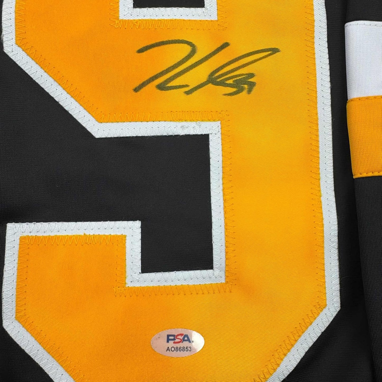 Framed Autographed/Signed Jake Guentzel 35x39 Pittsburgh Black Hockey Jersey JSA COA