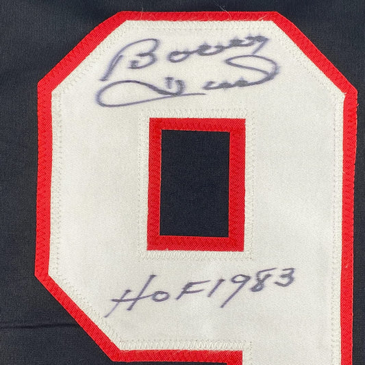 Framed Autographed/Signed Bobby Hull HOF 1983 35x39 Chicago Black Hockey Jersey JSA COA
