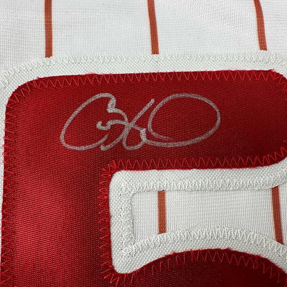 Framed Autographed/Signed Cole Hamels 35x39 Philadelphia Pinstripe Baseball Jersey Beckett BAS COA