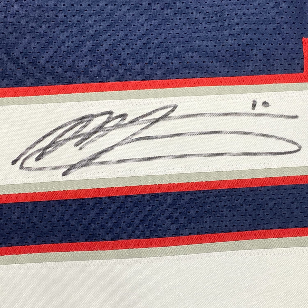 Framed Autographed/Signed Mac Jones 35x39 New England Blue Football Jersey Beckett BAS COA