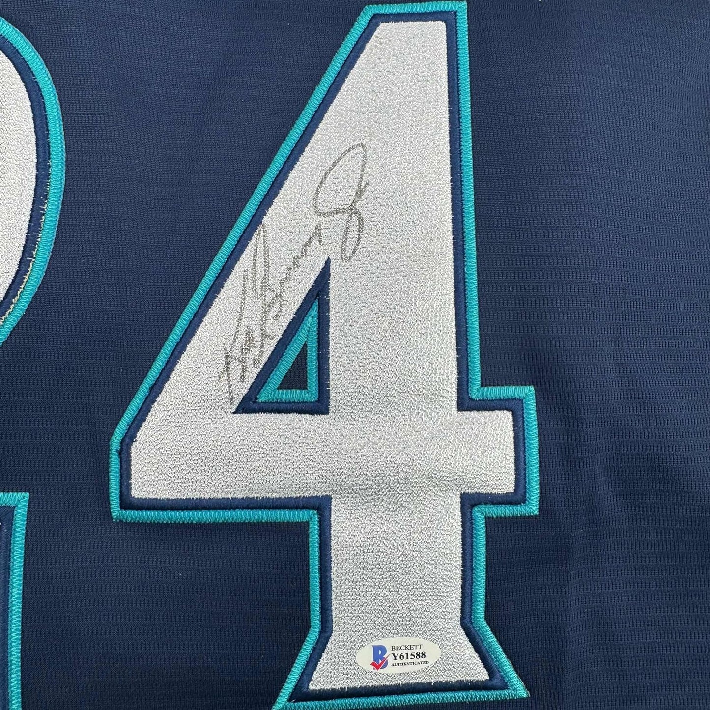 Framed Autographed/Signed Ken Griffey Jr. 35x39 Seattle Blue Baseball Jersey Beckett BAS COA