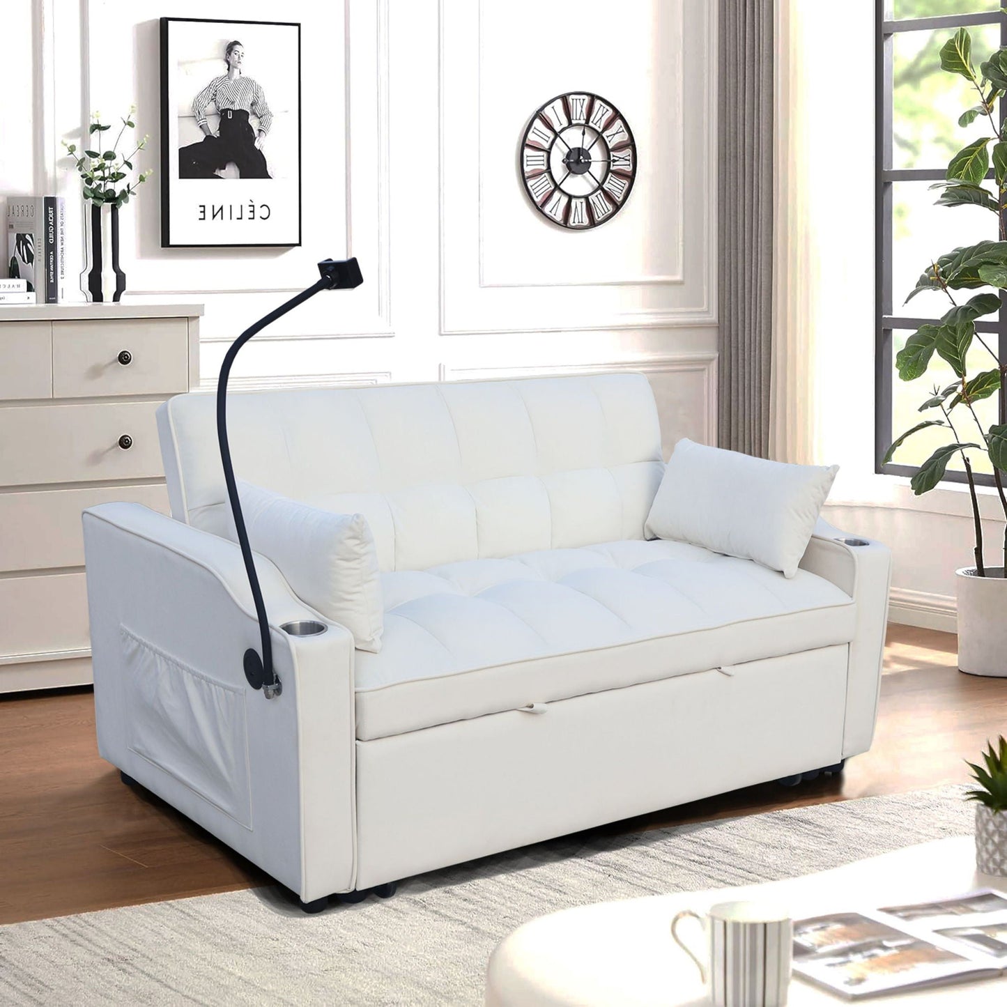 Modern Loveseat Futon Sofa With Pullout Bed, Adjustable Reclining Backrest, Toss Pillows