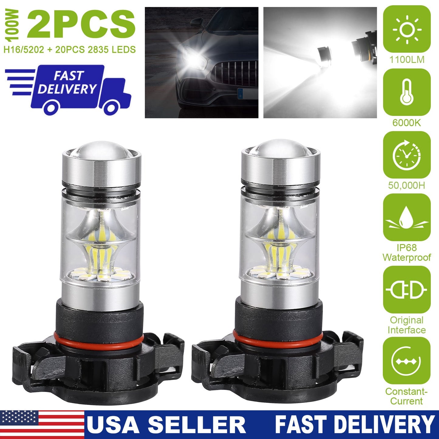2PCS 1100LM 100W 5202 H16 LED Fog DRL Light Bulb IP68 Waterproof 20 2835 LEDs 360¡ Beam Angle 6000K White