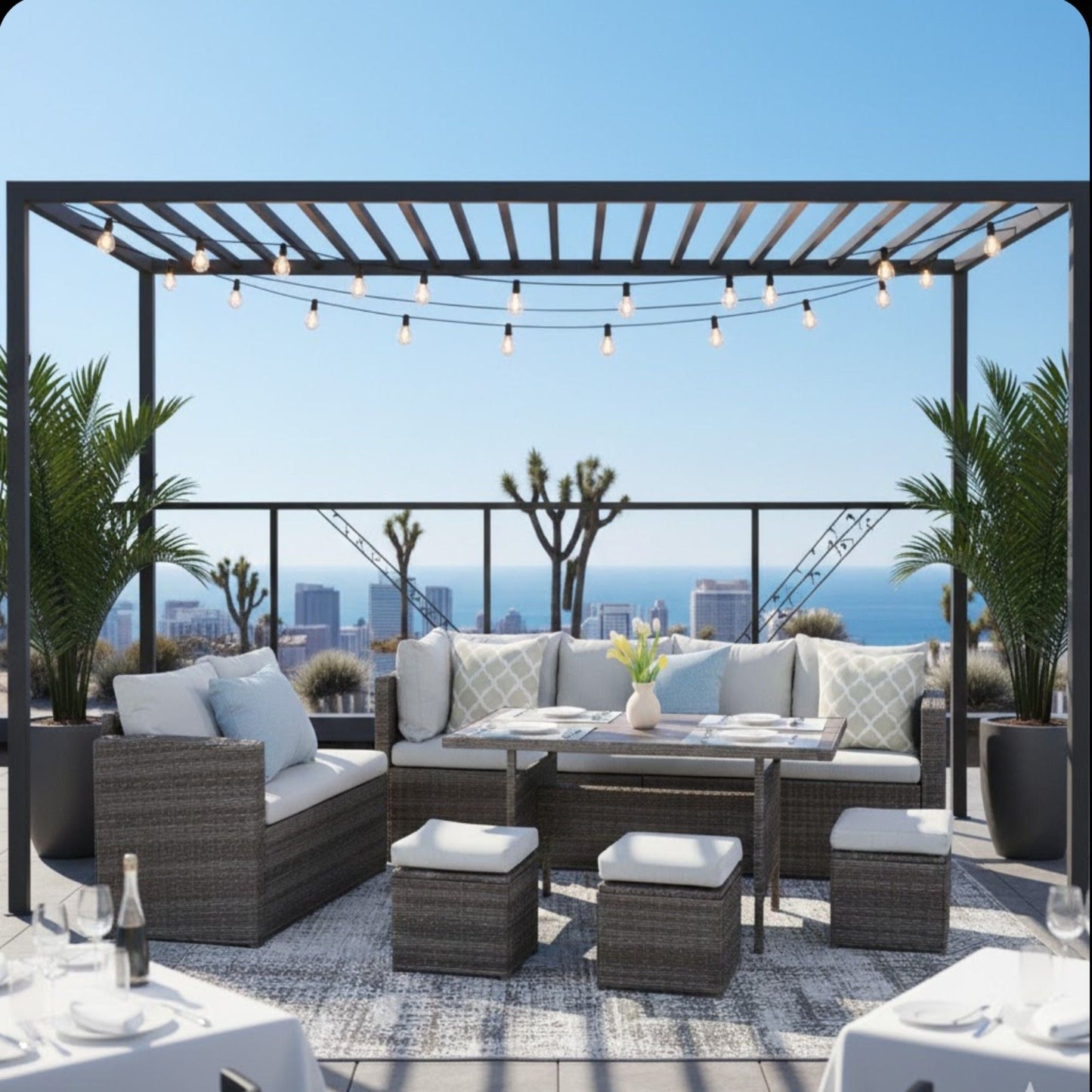7 Piece All Weather Patio Dining Set With Cushions, Sectional Sofa, Ottomans & Table For Backyard - Gray / Brown