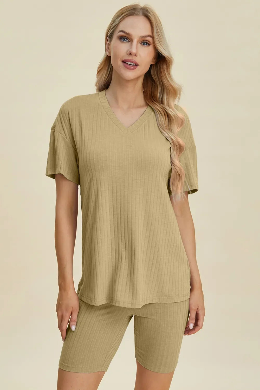 Plus Size Ribbed V-Neck Top & Shorts Set