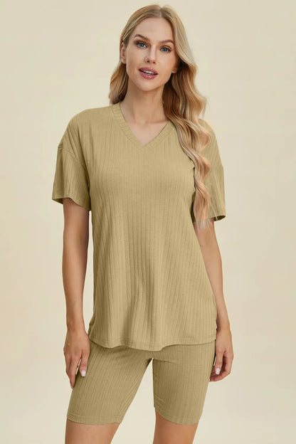 Plus Size Ribbed V-Neck Top & Shorts Set