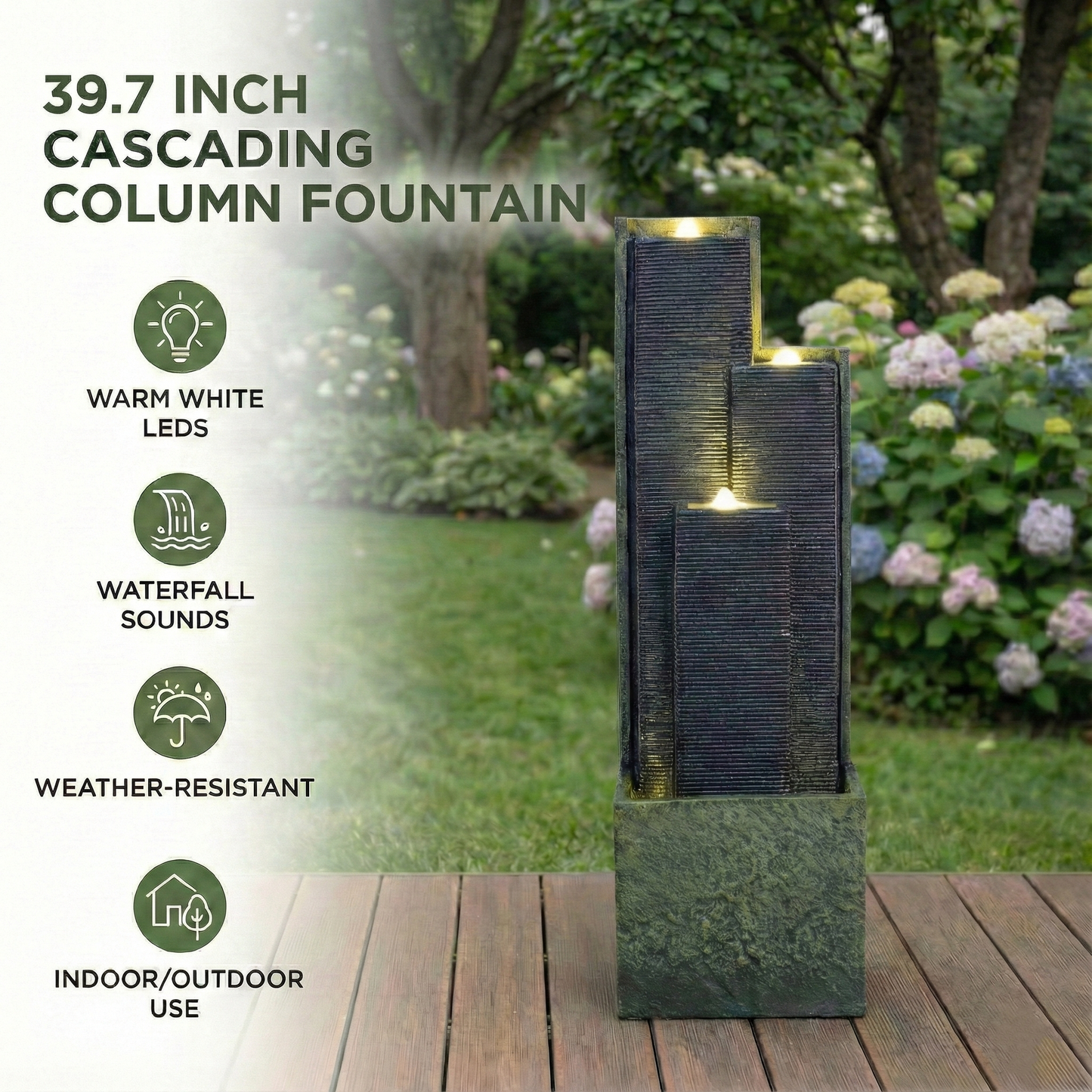 39" H Outdoor Water Fountain Modern Cascading Freestanding Fountain with LED Lights for Garden Patio Porch Lawn