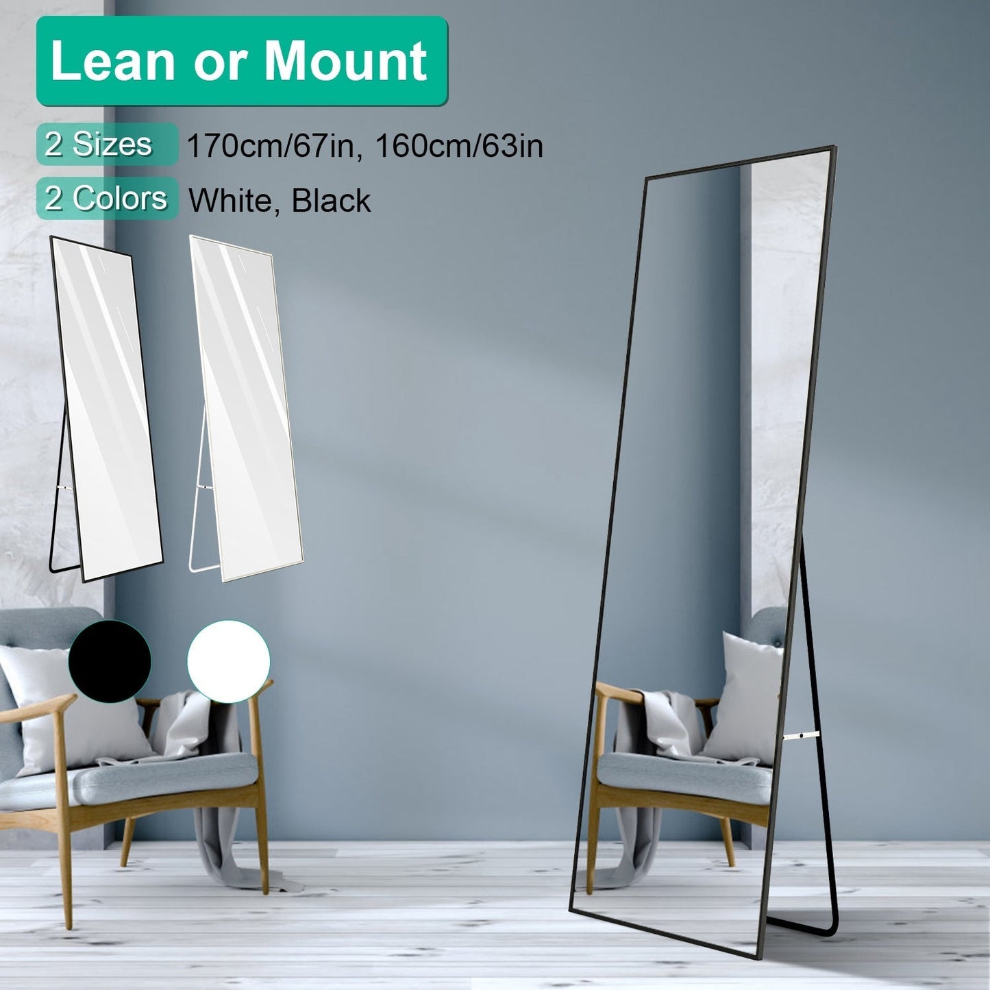 Full Length Mirror 67x25.6in Aluminum Alloy Wall Mirror Free Standing Floor Mirror Hanging Leaning Against Wall for Dressing Bedroom Living Room