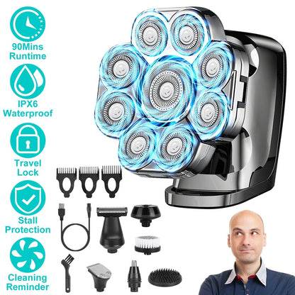 6 In 1 9D Electric Head Shaver for Men Cordless Rechargeable Wet Dry Razor with LED Display Travel Lock Stall Protection Cleaning Reminder