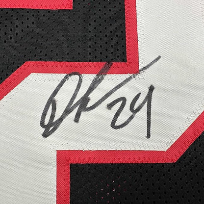 Framed Autographed/Signed Devonta Freeman 35x39 Atlanta Retro Black Football Jersey Beckett BAS COA