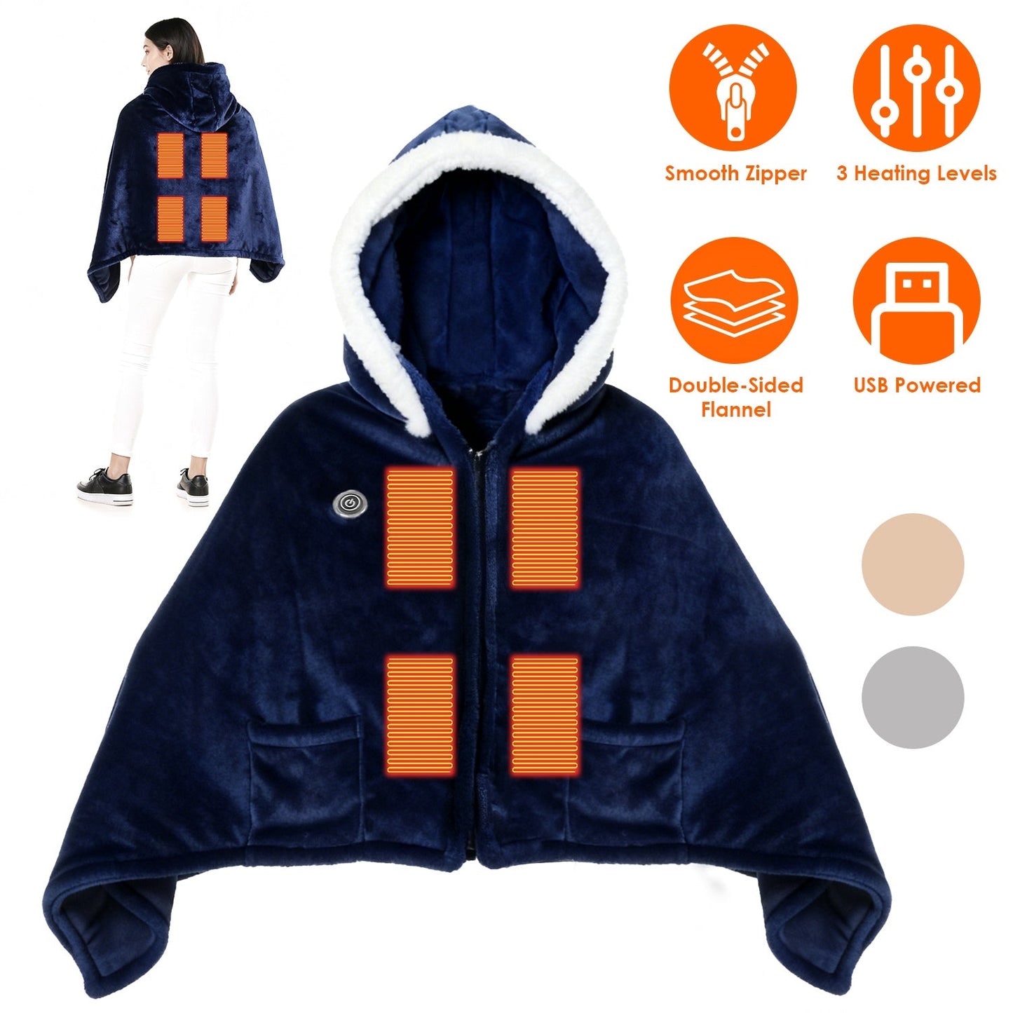 Wearable Heated Blanket with 8 Heating Zones and 3 Temp Levels