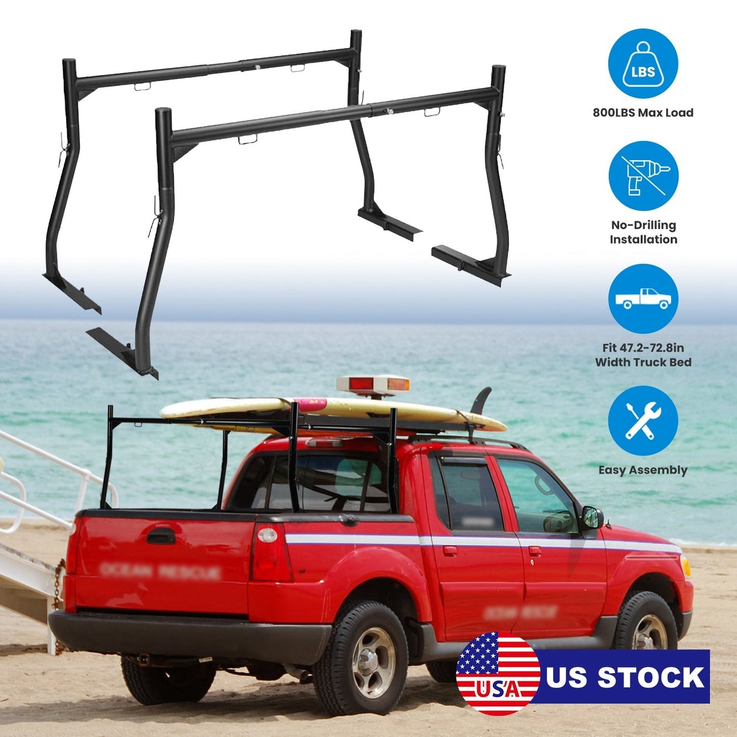 1Pair Extendable Truck Ladder Rack Non-Drilling Pick-up Truck Bed Utility Rack Adjustable Steel Truck Rack with 800LBS Capacity for 47.2-72.8in Wide T