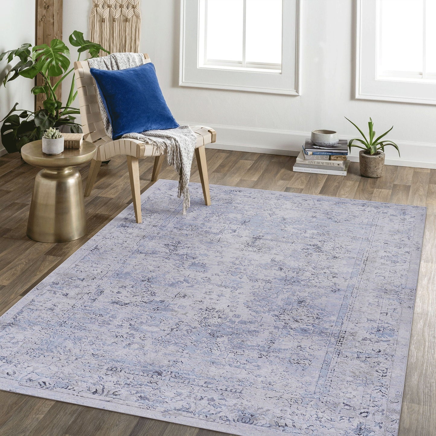 Maval - 6' X 9' Washable Area Rug - Blue / Cream