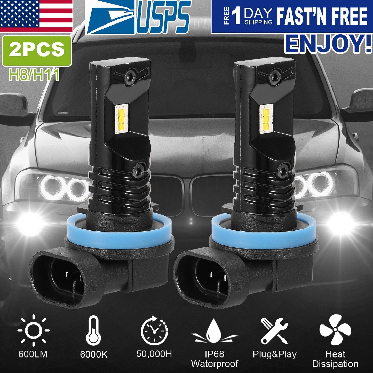 2PCS 600lm 80W H8/H9/H11 LED Fog DRL Light Bulb IP68 Waterproof 6000K White Fog Light