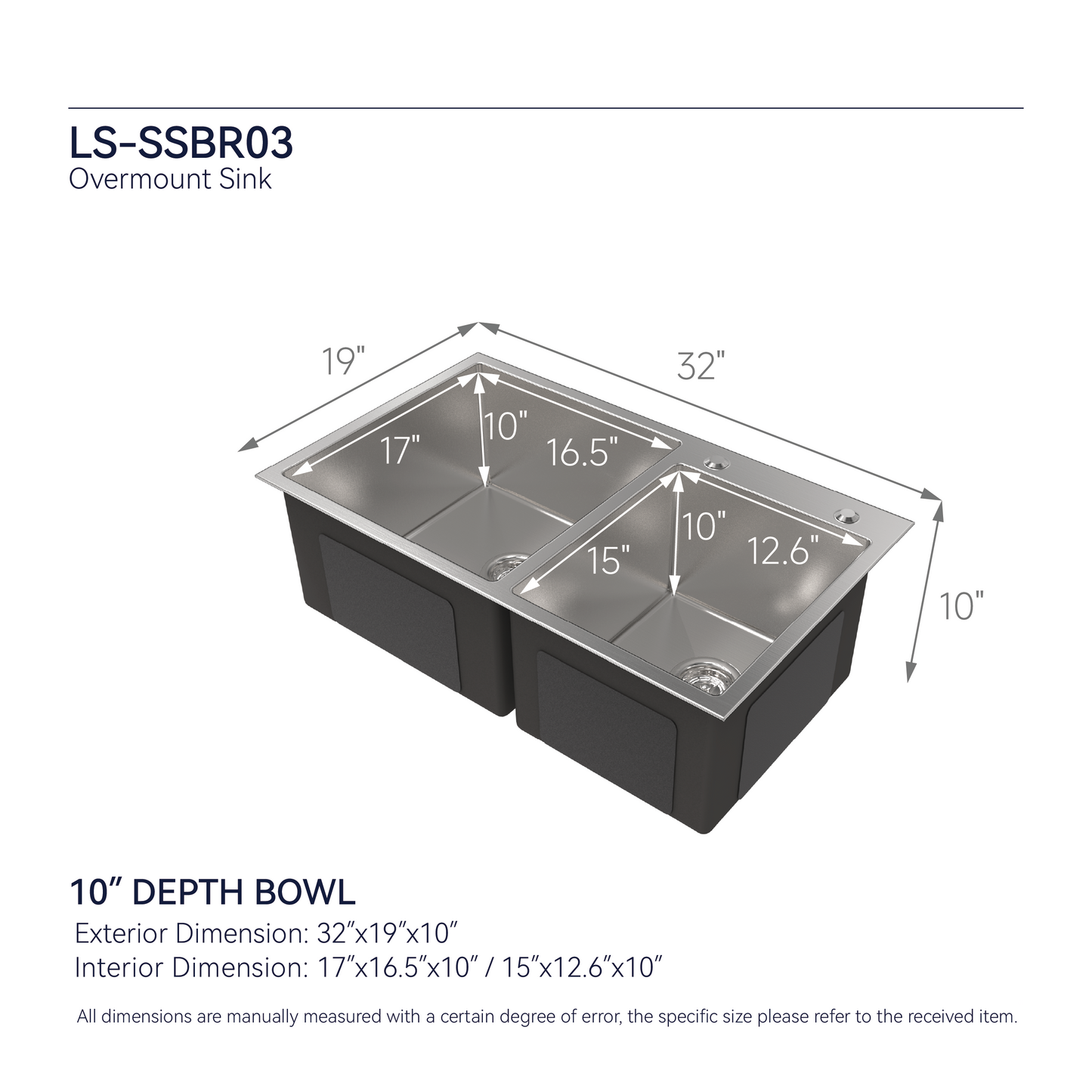 Stainless Steel Kitchen Sink, 32"x19" Double Bowl in Brushed Nickel