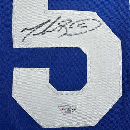 Framed Autographed/Signed Mookie Betts 35x39 Los Angeles LA Blue Baseball Jersey Fanatics COA