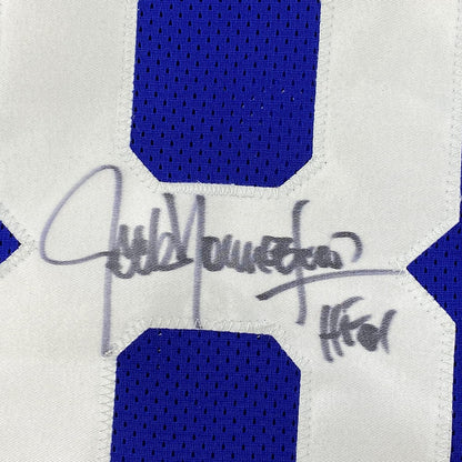 Framed Autographed/Signed Jack Youngblood 35x39 HOF 01 Los Angeles LA Blue/White Football Jersey JSA COA