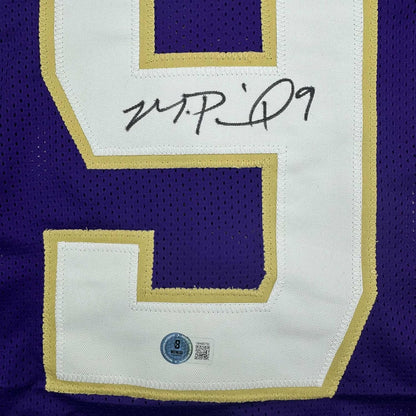 Framed Autographed/Signed Michael Penix Jr. 35x39 Washington Huskies Purple College Football Jersey Beckett BAS COA