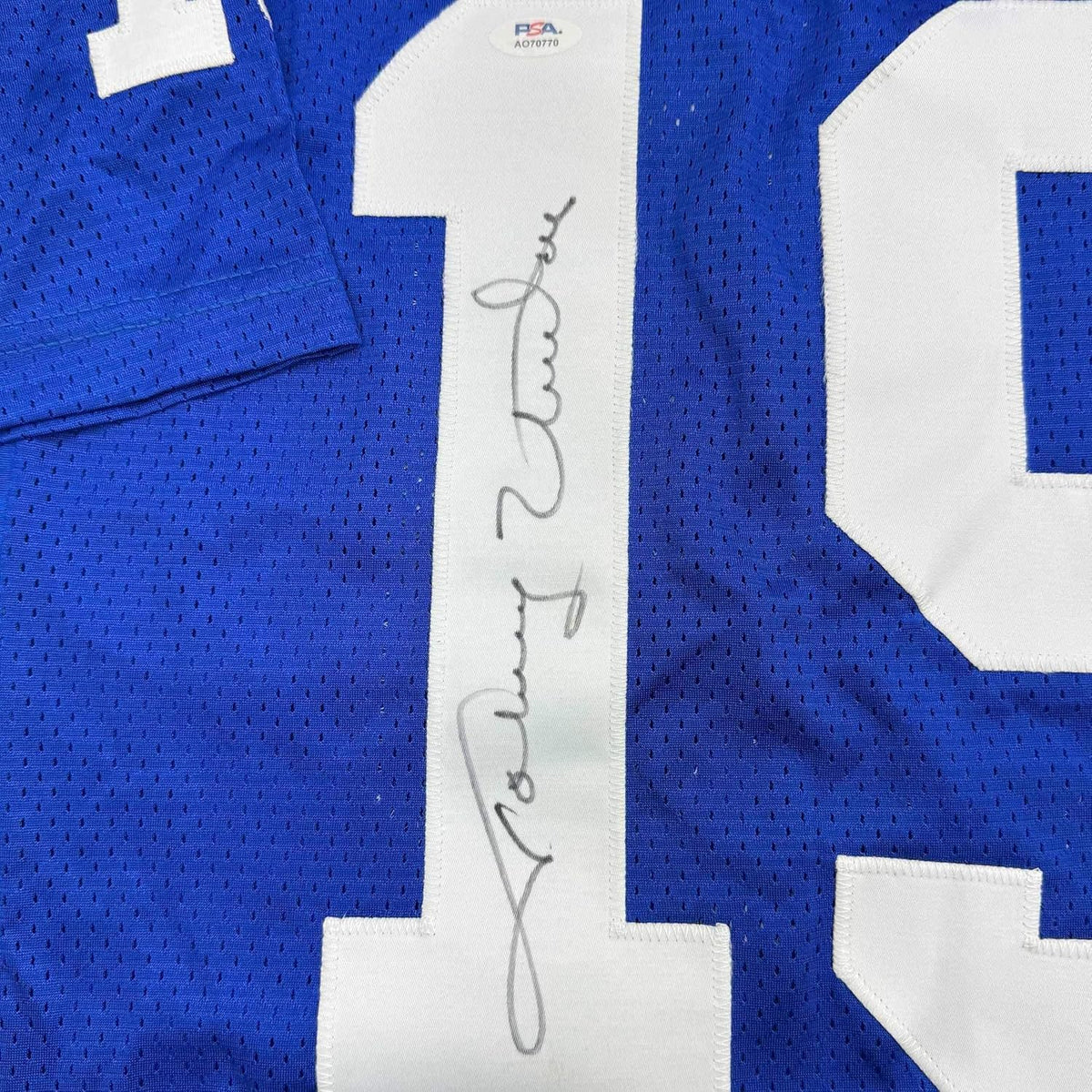 Framed Autographed/Signed Johnny Unitas 35x39 Indianapolis Blue Football Jersey PSA COA