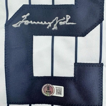 Framed Autographed/Signed Tommy John 35x39 New York Pinstripe Baseball Jersey Beckett BAS COA