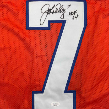 Framed Autographed/Signed John Elway 35x39 Denver Orange Retro Football Jersey JSA COA