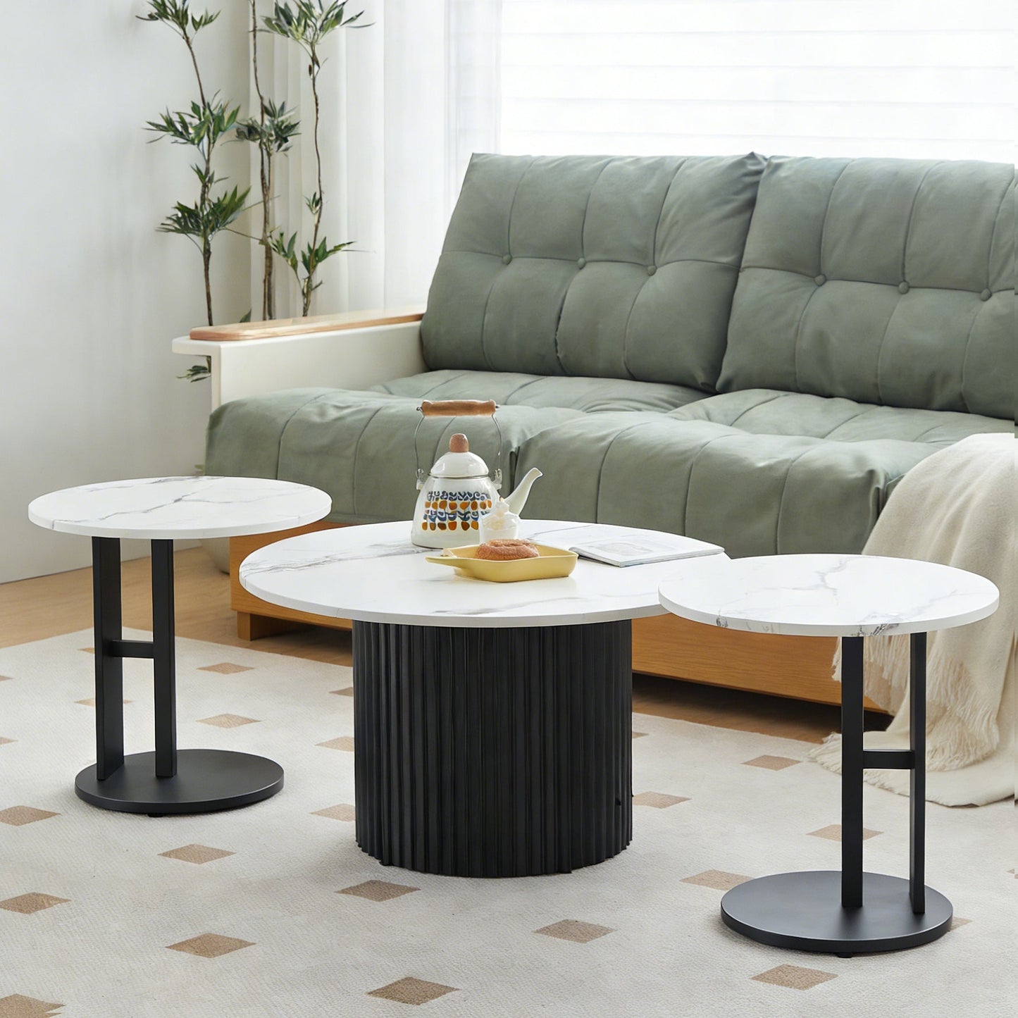Coffee Table Set of 3 with Faux Marble Top and Metal Legs
