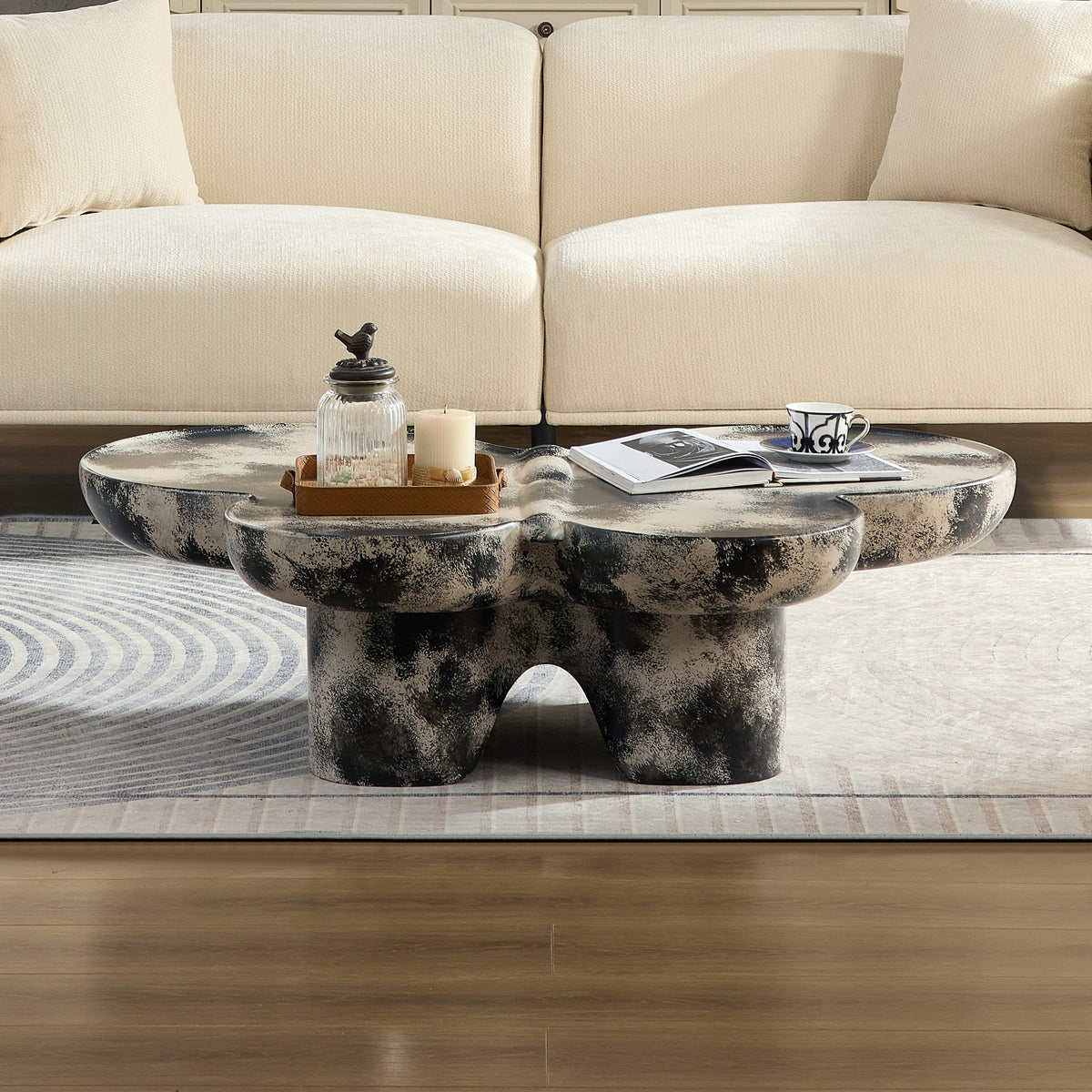 Butterfly Design Coffee Table with Modern Fiberglass Construction - Light Gray and Black
