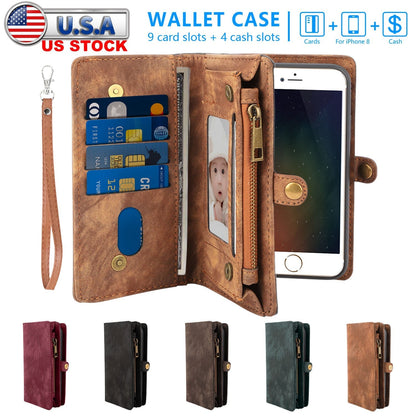 Phone Wallet Case For iPhone 8 Portable Wallet Case 2 in 1 Leather Zipper Magnetic Detachable 13 Card Slots Money Pocket Clutch Cover W/ID Widows