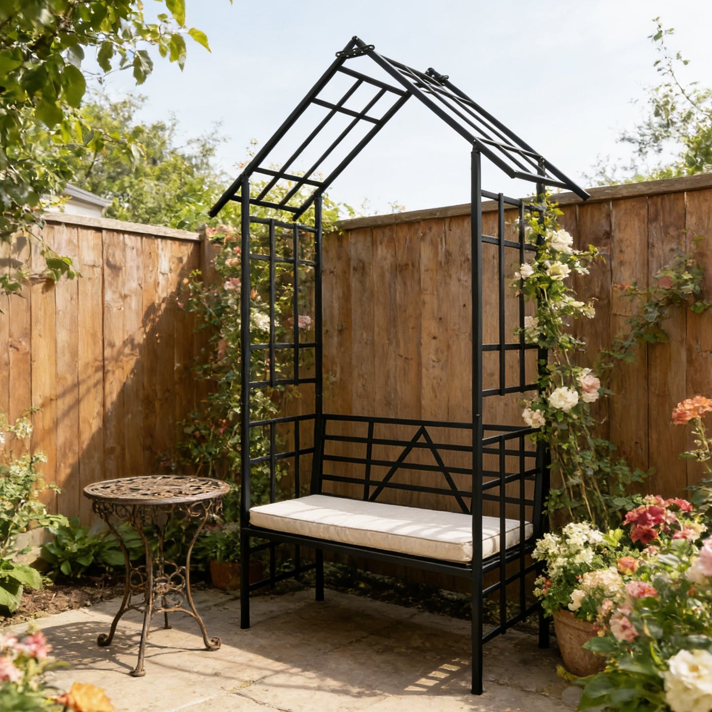 Metal Garden Arch with Bench Turned into Flower Stand