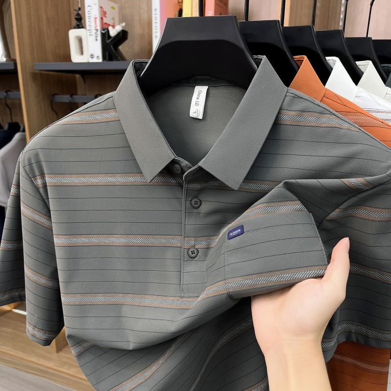Mens Summer Striped Loose-Fit Lapel T-Shirt