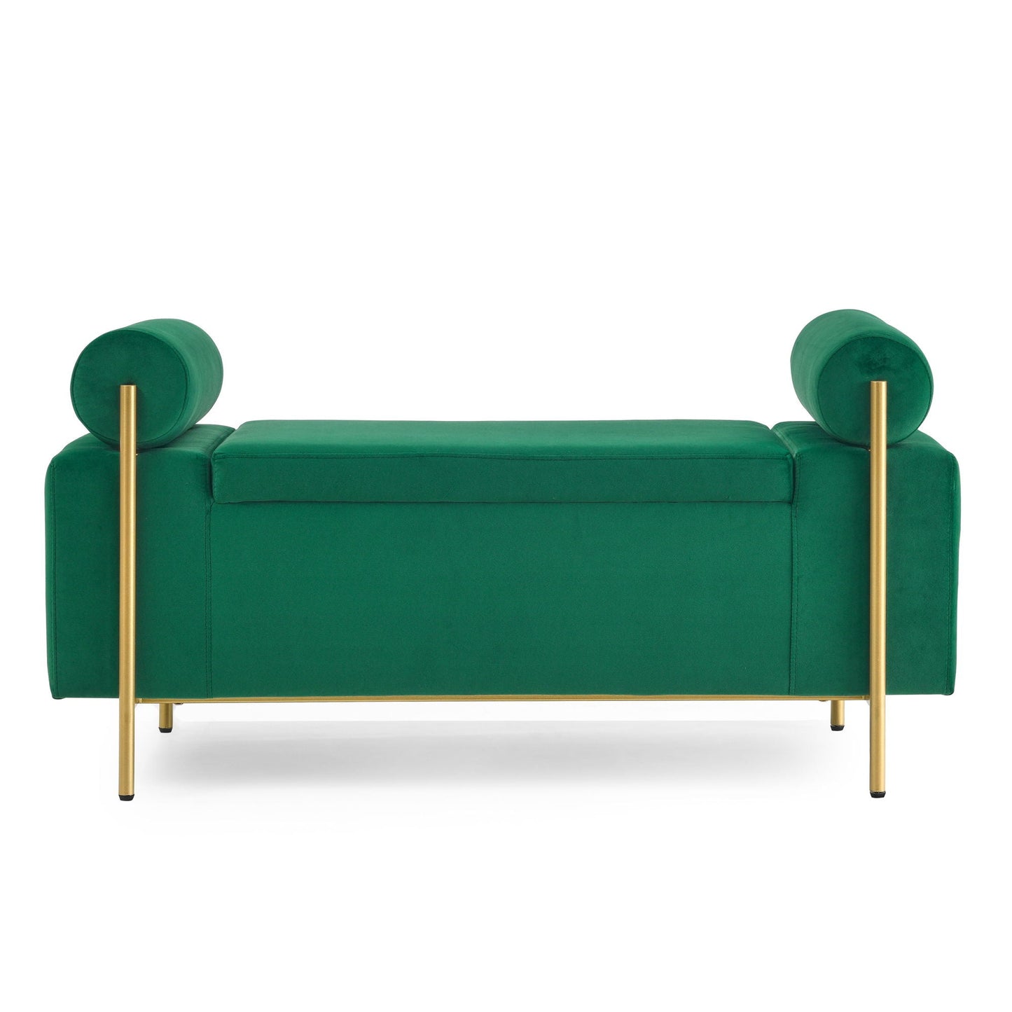 Elegant Upholstered Storage Bench With Cylindrical Arms And Iron Legs,
