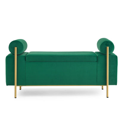 Elegant Upholstered Storage Bench With Cylindrical Arms And Iron Legs,