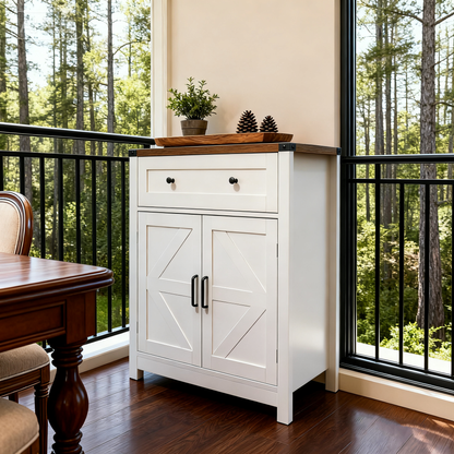 White & Wood-Grain Top Farmhouse Barn-Door Storage Cabinet