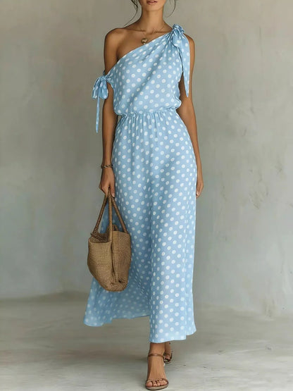 Polka Dot One-Shoulder Maxi Dress